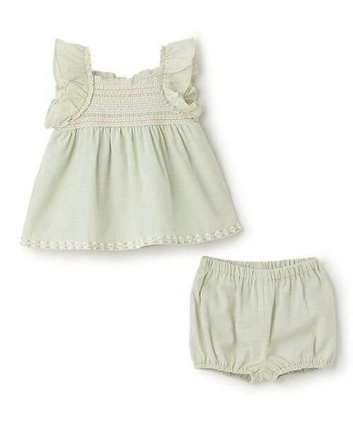 petit main / プティマイン ベビー・キッズウエア | 【リンク】シャーリングティアードOPセットアップ（薄カーキ）