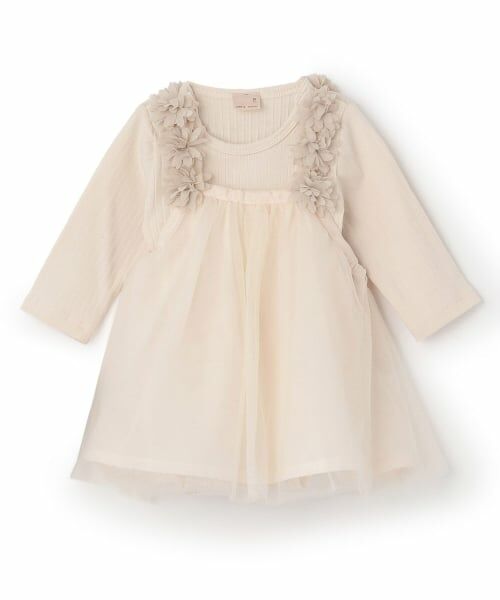petit main / プティマイン ロンパース | お花チュール長袖OPセット（アイボリー）