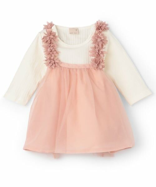 petit main / プティマイン ロンパース | お花チュール長袖OPセット（ライト ピンク）