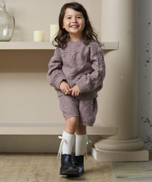 petit main / プティマイン ショート・ハーフ・半端丈パンツ | 【リンク】ハートケーブルニットショートパンツ(セットアップ可能)（モカ茶）