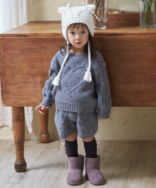 petit main / プティマイン ショート・ハーフ・半端丈パンツ | 【リンク】ハートケーブルニットショートパンツ(セットアップ可能)（トップ グレー）