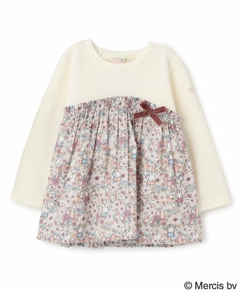 petit main / プティマイン Tシャツ | 【miffy】花柄ドッキングチュニック（アイボリー）