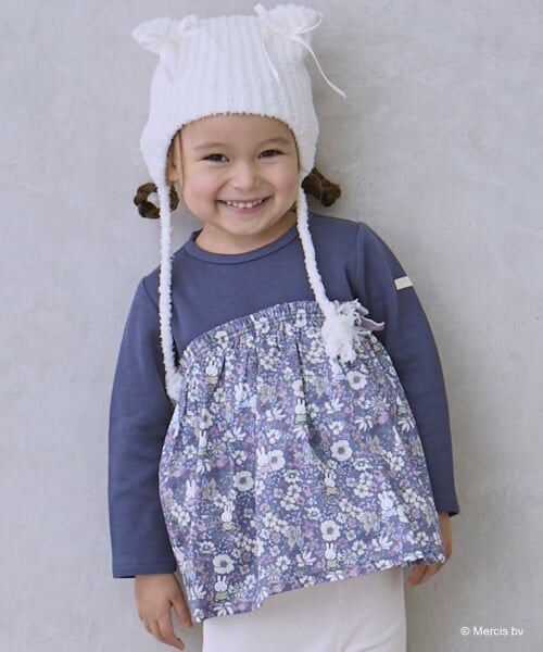 petit main / プティマイン Tシャツ | 【miffy】花柄ドッキングチュニック（紺）