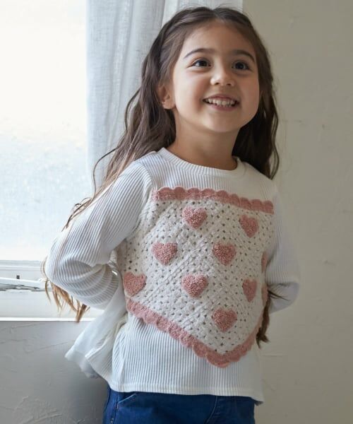 petit main / プティマイン Tシャツ | 【リンク】クロシェドッキング長袖T（ピンク）