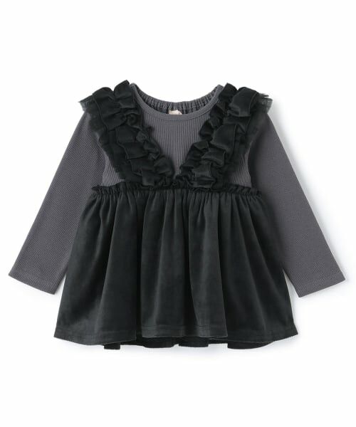 petit main / プティマイン Tシャツ | 【リンク】ドッキングフリルチュニック（黒）