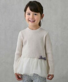 petit main / プティマイン Tシャツ | 【フワもちっと】ニットペプラムチュールチュニック