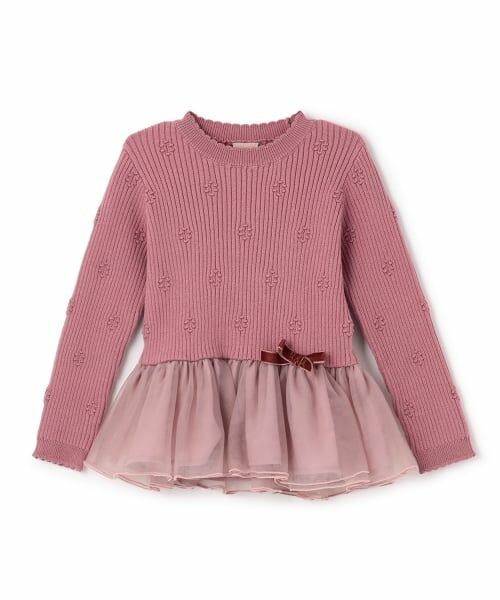 petit main / プティマイン Tシャツ | 【フワもちっと】ニットペプラムチュールチュニック（ピンク）