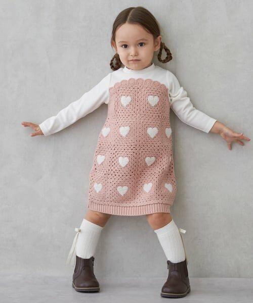 petit main / プティマイン ミニ丈・ひざ丈ワンピース | 【リンク】クロシェドッキングワンピース（ピンク）