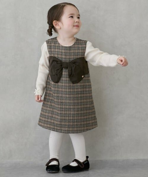 petit main / プティマイン ミニ丈・ひざ丈ワンピース | 【リンク】リボンジャンパースカート（ベージュ）