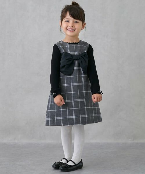 petit main / プティマイン ミニ丈・ひざ丈ワンピース | 【リンク】リボンジャンパースカート（グレー）