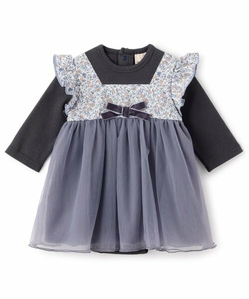 petit main / プティマイン ロンパース | お花チュールドッキングOPロンパース（グレー）