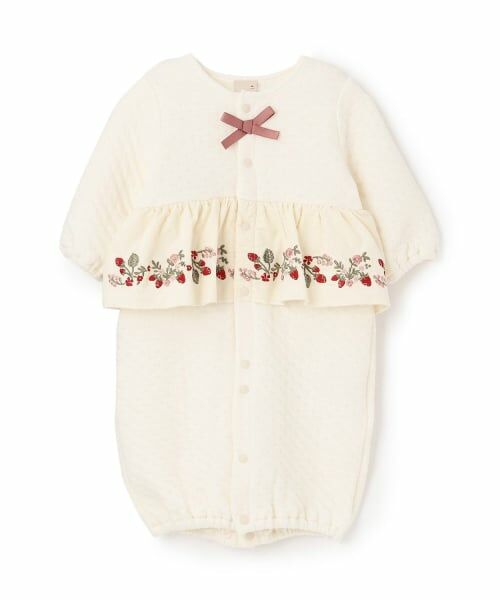 petit main / プティマイン ロンパース | いちご刺しゅう切替え2WAYオール（アイボリー）