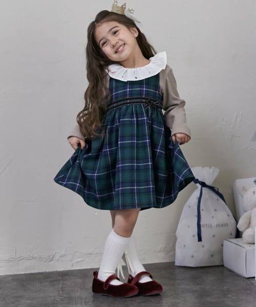 petit main / プティマイン ミニ丈・ひざ丈ワンピース | チェックドッキングワンピース（グリーン）