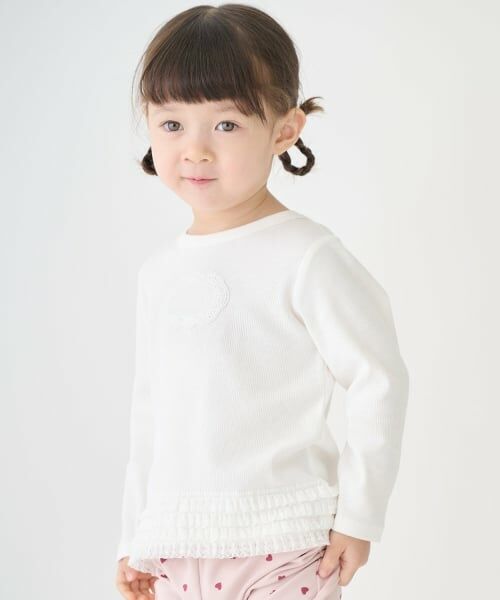 petit main / プティマイン Tシャツ | 【オーガニック】レースフリル長袖Tシャツ（オフ ホワイト）