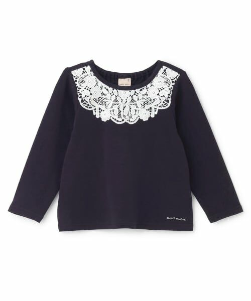 petit main / プティマイン Tシャツ | ヨークレース長袖Tシャツ（紺）