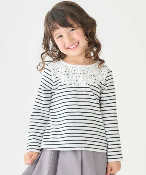 petit main / プティマイン Tシャツ | ヨークレース長袖Tシャツ（黒）