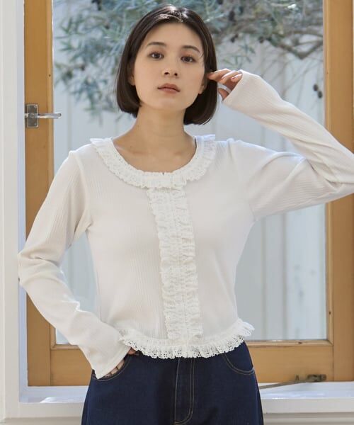 petit main / プティマイン Tシャツ | 【リンク】レースフリルテレコ長袖Tシャツ | 詳細5
