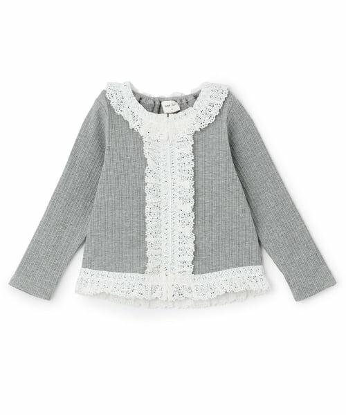 petit main / プティマイン Tシャツ | 【リンク】レースフリルテレコ長袖Tシャツ（トップ グレー）