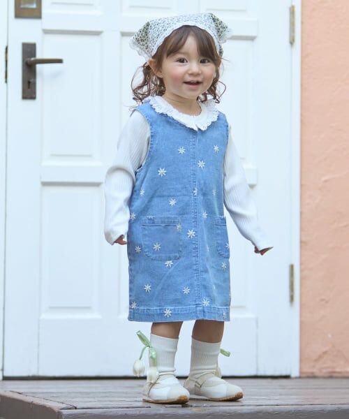 petit main / プティマイン ミニ丈・ひざ丈ワンピース | 花刺しゅうジャンスカ(サックス)