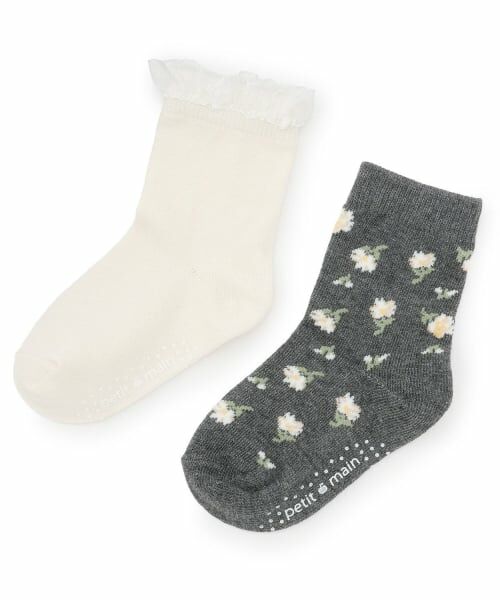 petit main / プティマイン ソックス | 花柄クルーソックス2P（チャコール）