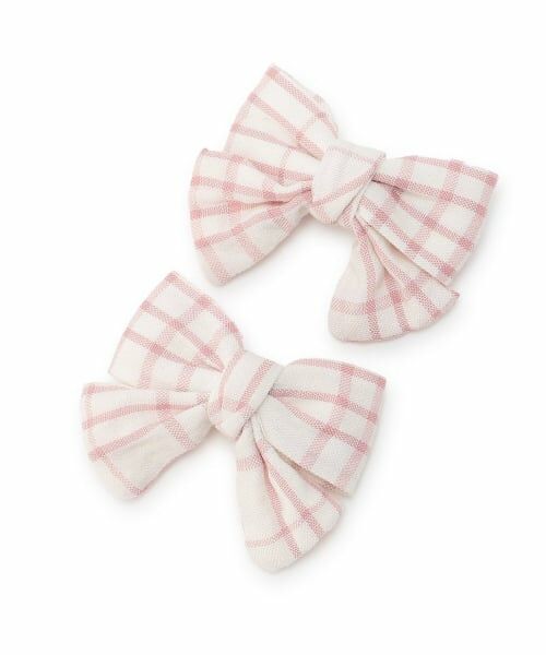 petit main / プティマイン ヘアピン | チェックリボンヘアクリップ2P/L（ピンク）