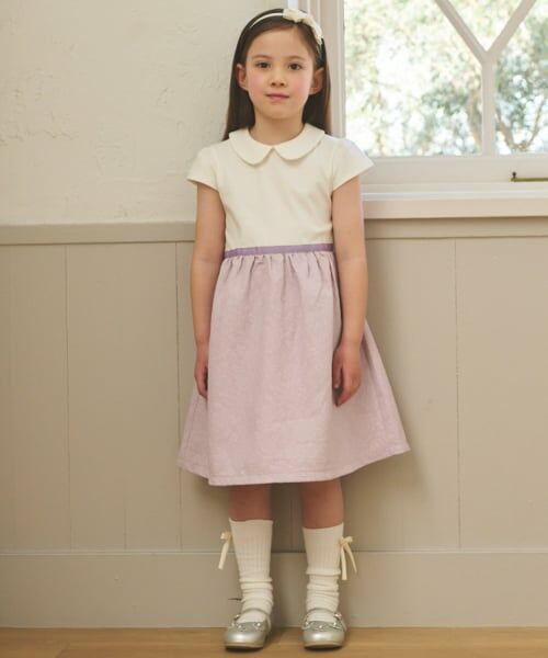 petit main / プティマイン ミニ丈・ひざ丈ワンピース | 【セミフォーマル】ジャガード切り替えワンピース（ライト ピンク）