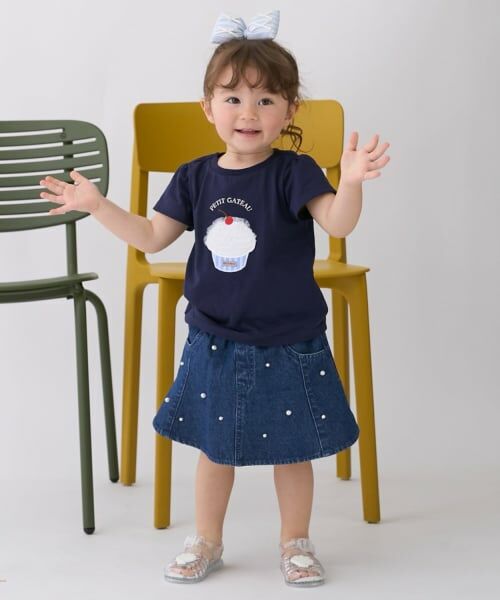 petit main / プティマイン ミニ・ひざ丈スカート | パールデニムフレアスカパン（ブルー）