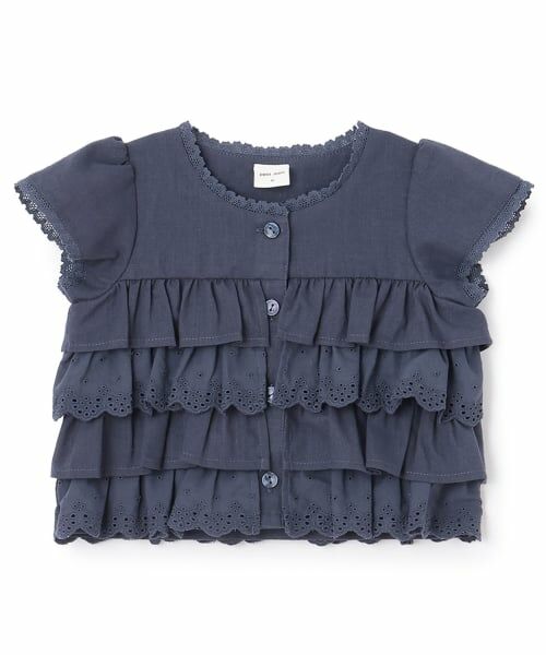 petit main / プティマイン シャツ・ブラウス | レースフリルトップス（紺）