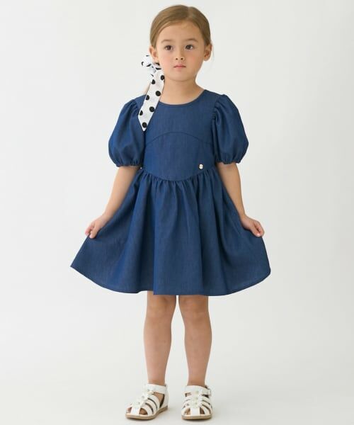 petit main / プティマイン ミニ丈・ひざ丈ワンピース | 【リンク】袖パフペプラムワンピース（ブルー）