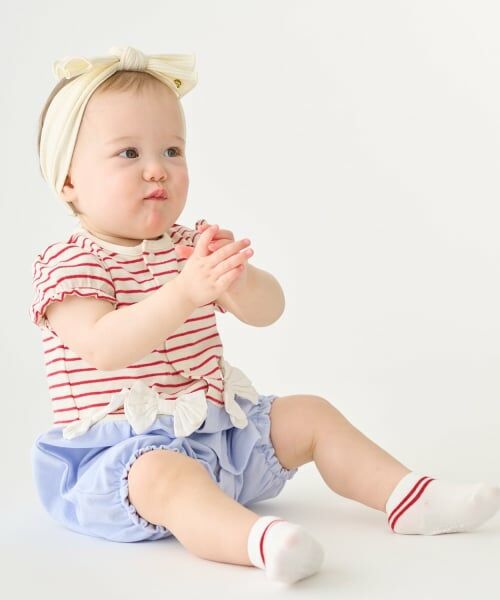 petit main / プティマイン ロンパース | リボンつきボーダー切り替え2wayオール | 詳細1