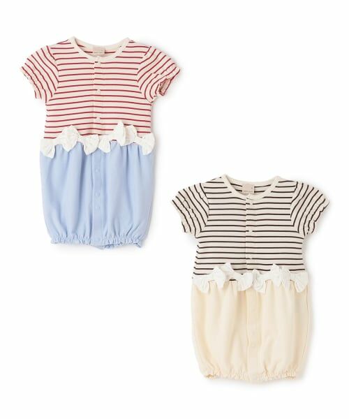 petit main / プティマイン ロンパース | リボンつきボーダー切り替え2wayオール | 詳細11