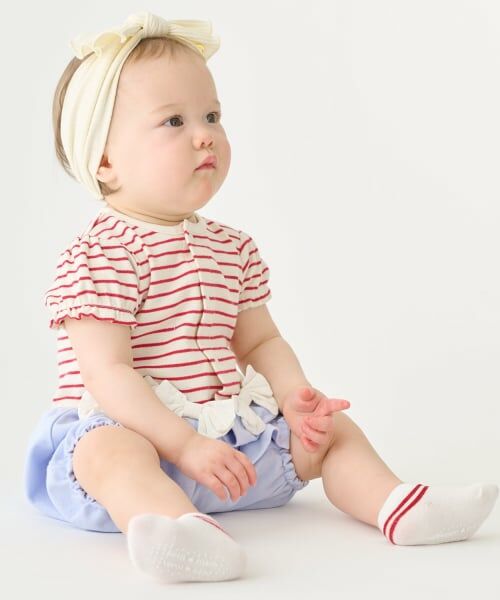 petit main / プティマイン ロンパース | リボンつきボーダー切り替え2wayオール（赤）