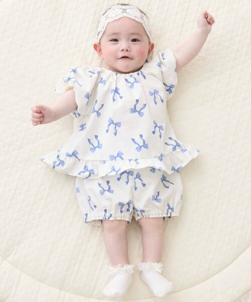 petit main / プティマイン ベビー・キッズウエア | 【リンク】リボン総柄セットアップ（ブルー）