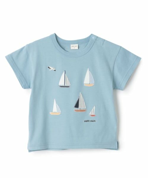 petit main / プティマイン Tシャツ | 【リンク】ヨット/車アップリケ半袖Tシャツ(エメラルド グリーン)