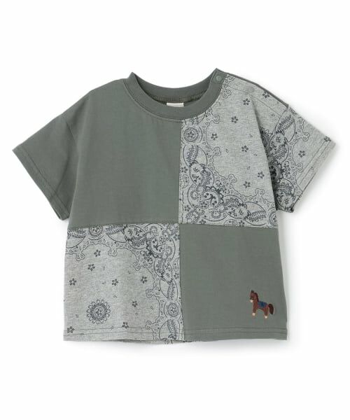 petit main / プティマイン Tシャツ | パッチワーク半袖Tシャツ（モス グリーン）