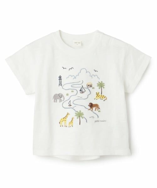 petit main / プティマイン Tシャツ | サファリ刺しゅう半袖Tシャツ（オフ ホワイト）