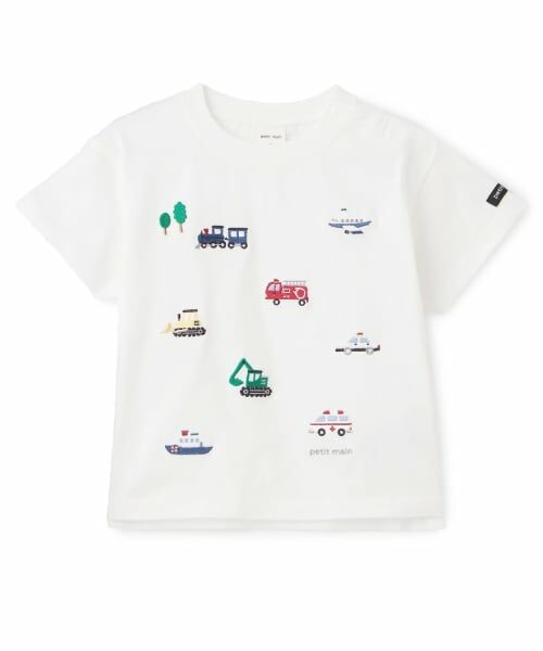 petit main / プティマイン Tシャツ | 【接触冷感】働く車刺しゅう半袖Tシャツ（オフ ホワイト）
