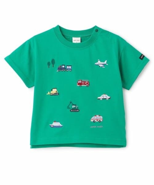 petit main / プティマイン Tシャツ | 【接触冷感】働く車刺しゅう半袖Tシャツ（グリーン）