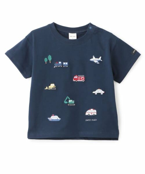 petit main / プティマイン Tシャツ | 【接触冷感】働く車刺しゅう半袖Tシャツ（紺）