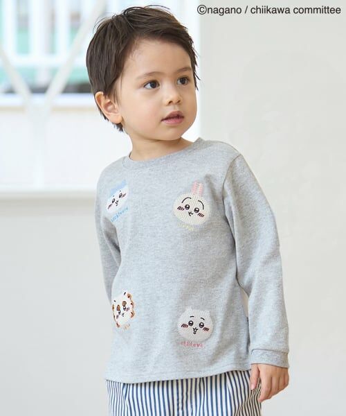 petit main / プティマイン Tシャツ | 【アニメちいかわ】お顔モチーフ長袖Tシャツ（トップ グレー）