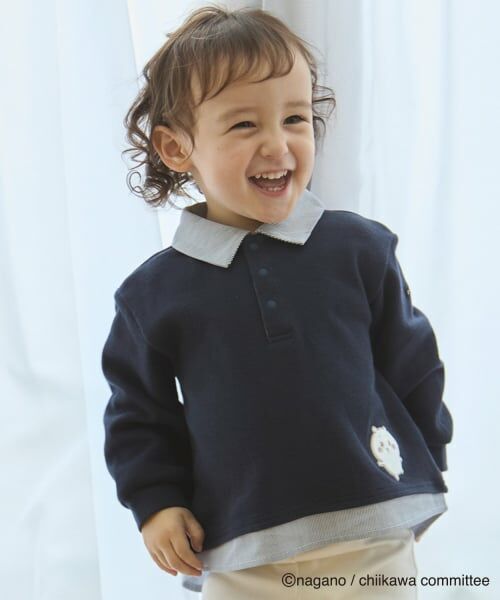 petit main / プティマイン Tシャツ | 【アニメちいかわ】シャツドッキング長袖Tシャツ（紺）