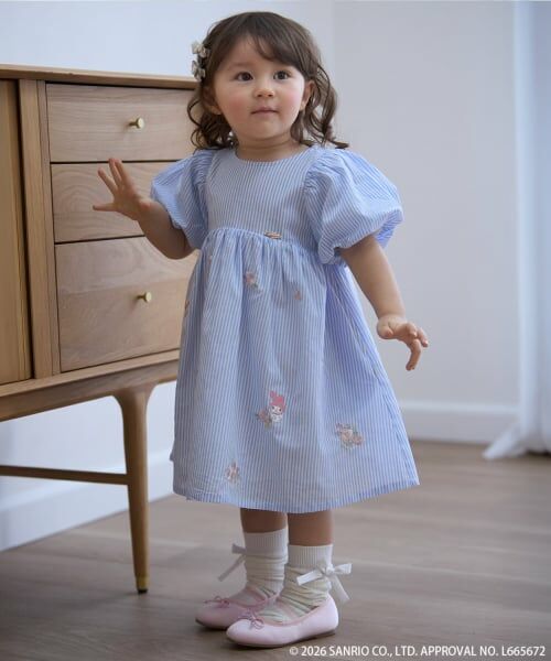 petit main / プティマイン ミニ丈・ひざ丈ワンピース | 【サンリオキャラクターズ】刺しゅうパフワンピース（ブルー）