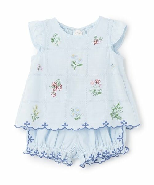 petit main / プティマイン ベビー・キッズウエア | 【リンク】インド綿ボダニカル刺しゅうセットアップ（ライト ブルー）