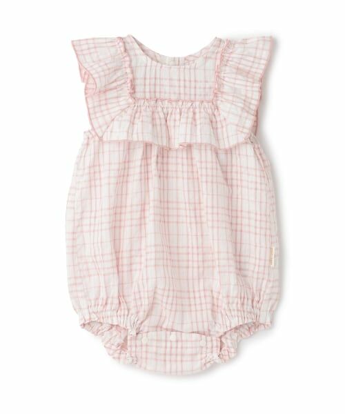 petit main / プティマイン ロンパース | チェックフリルカバーオール（ライト ピンク）