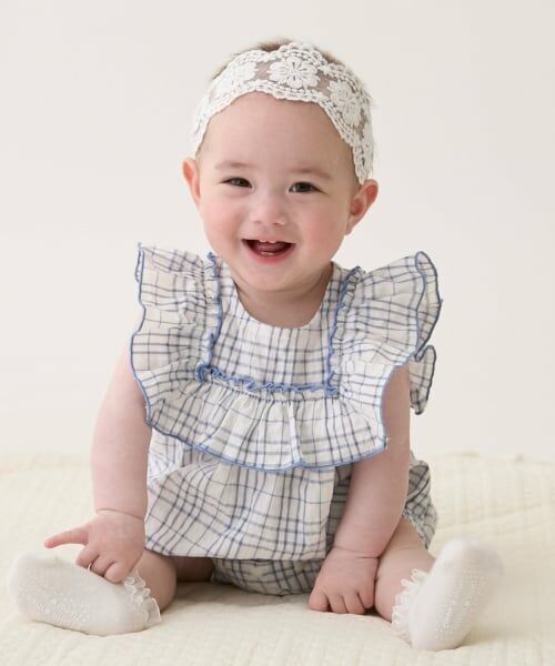 petit main / プティマイン ロンパース | チェックフリルカバーオール（ライト ブルー）