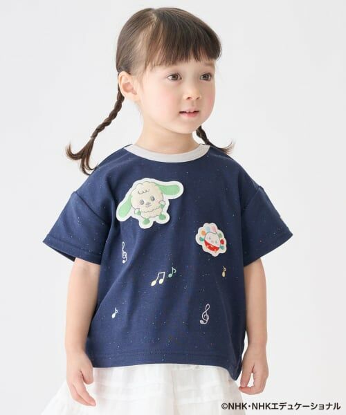 petit main / プティマイン Tシャツ | 【いないいないばあっ！】音符刺繍半袖Tシャツ（紺）