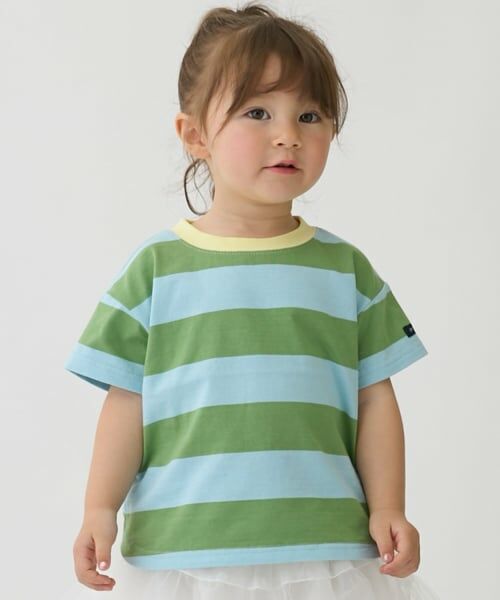 petit main / プティマイン Tシャツ | 【WEB限定カラーあり/食品防汚】ボーダー半袖Tシャツ（ライト グリーン）