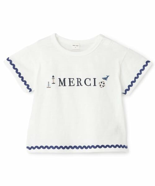 petit main / プティマイン Tシャツ | 【接触冷感】マリン刺しゅう袖ラインTシャツ（オフ ホワイト）