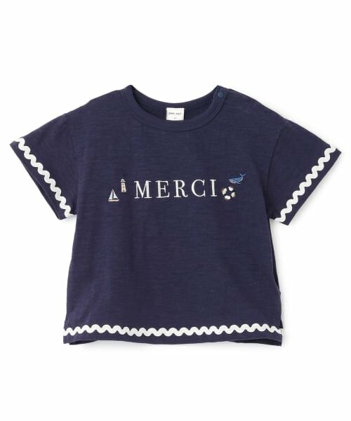 petit main / プティマイン Tシャツ | 【接触冷感】マリン刺しゅう袖ラインTシャツ（紺）
