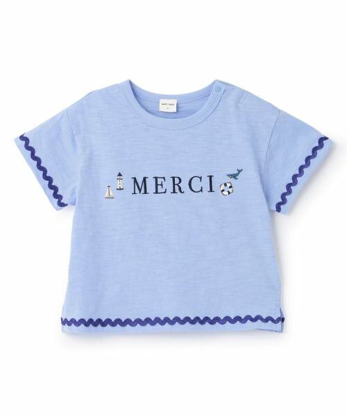 petit main / プティマイン Tシャツ | 【接触冷感】マリン刺しゅう袖ラインTシャツ（サックス）